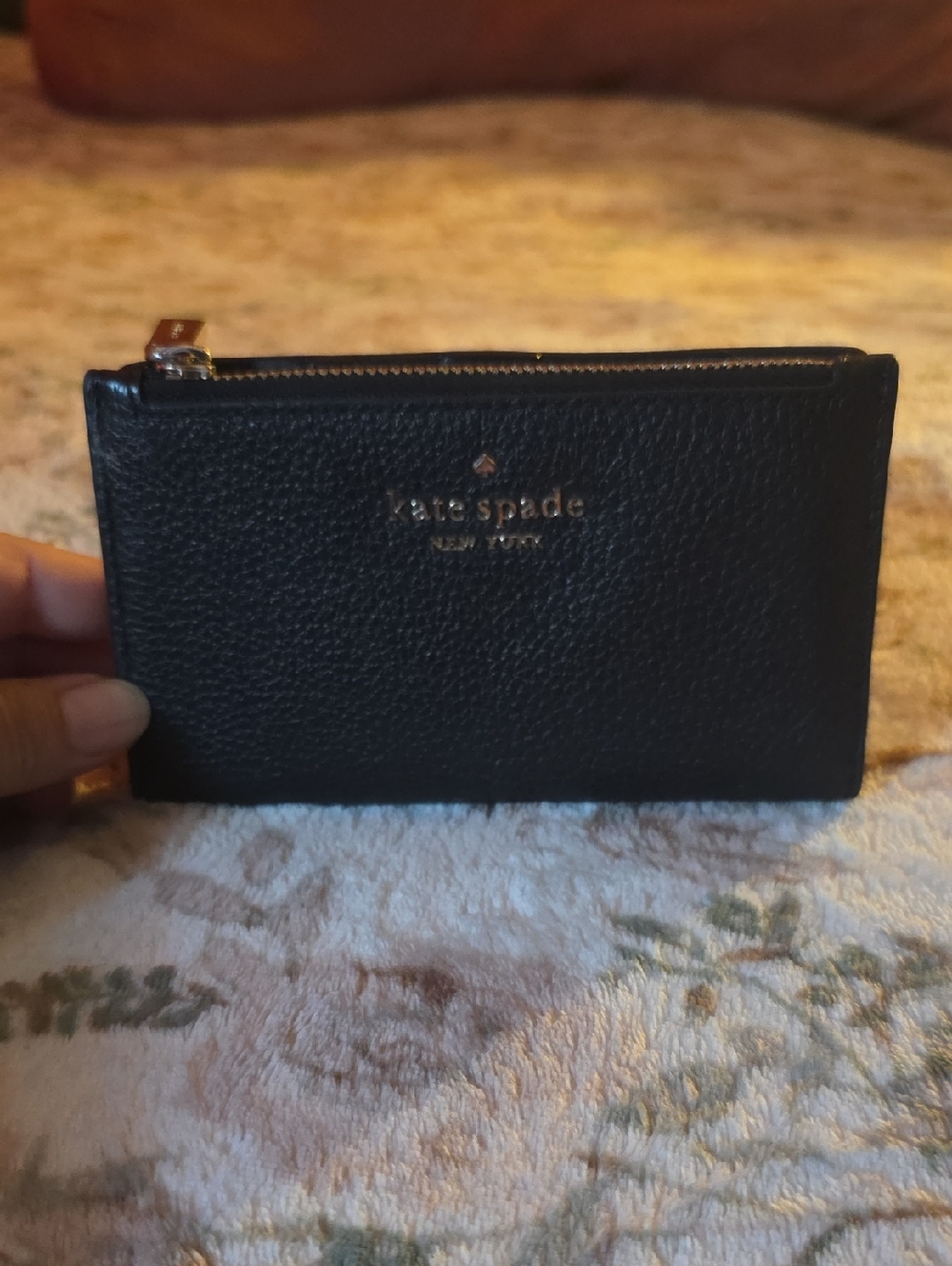 kate spade Black Pebbled Leather Zip Card Case with Gold Logo
